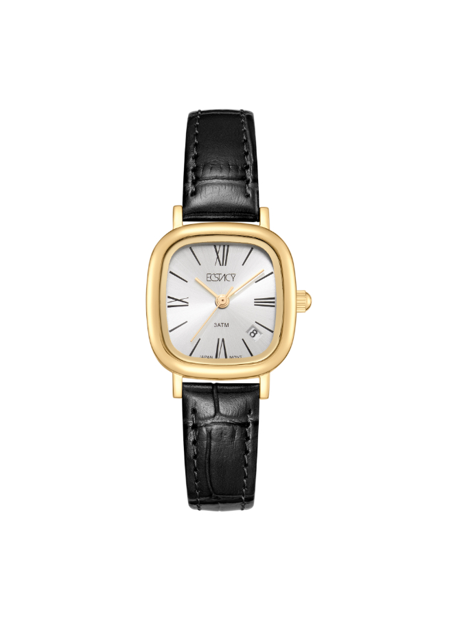 Ecstacy Ladies Analog Fn Gold Case Black Leather  Strap White Dial