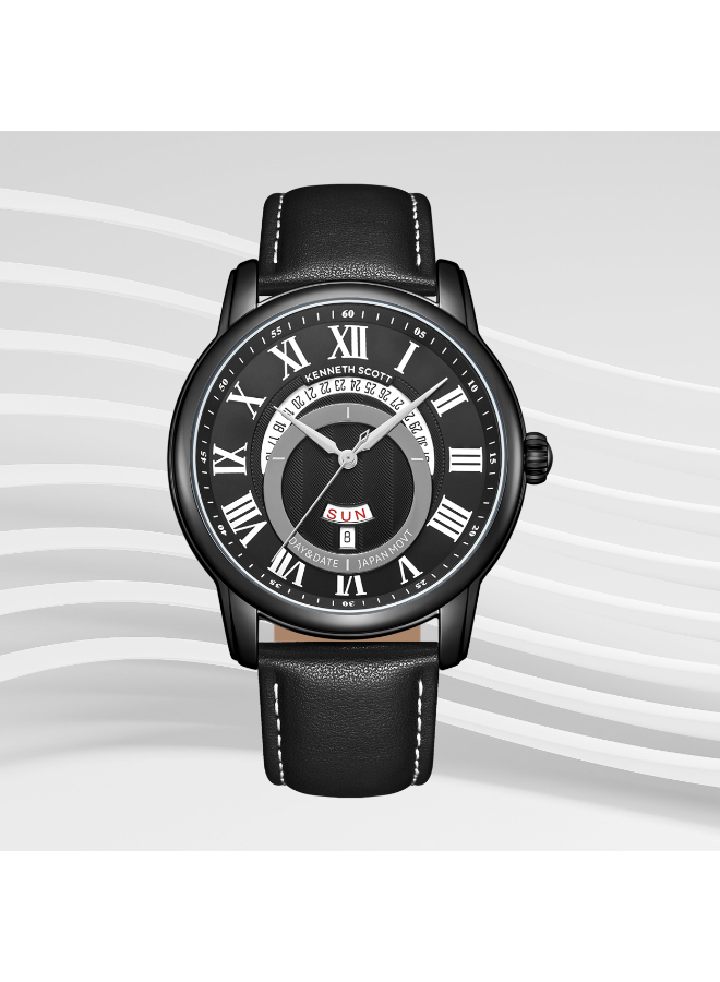 Kenneth Scott Gents Analog Black Case Black Leather Strap Black Dial