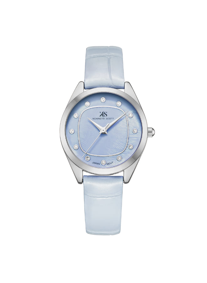 Kenneth Scott Ladies Analog Silver Case Silver Leather Strap Light Blue Dial