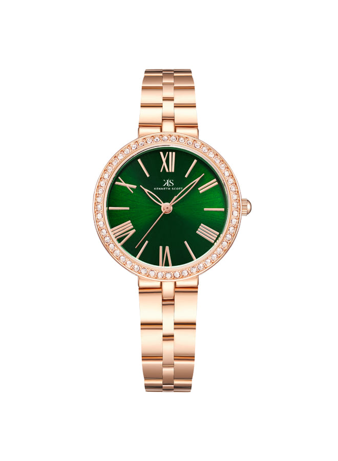 Kenneth Scott Ladies analog Rose Gold Case Rose Gold Metal Band Green Dial