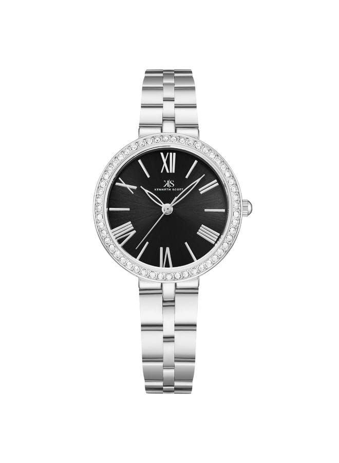 Kenneth Scott Ladies analog Silver Case Silver Metal Band Black Dial