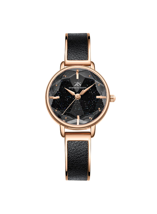 Kenneth Scott Ladies analog Rose Gold Case Black Metal Band Black Dial