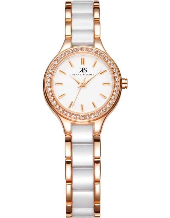 Kenneth Scott Ladies analog TT/RG Case White Ceramic Band White Dial
