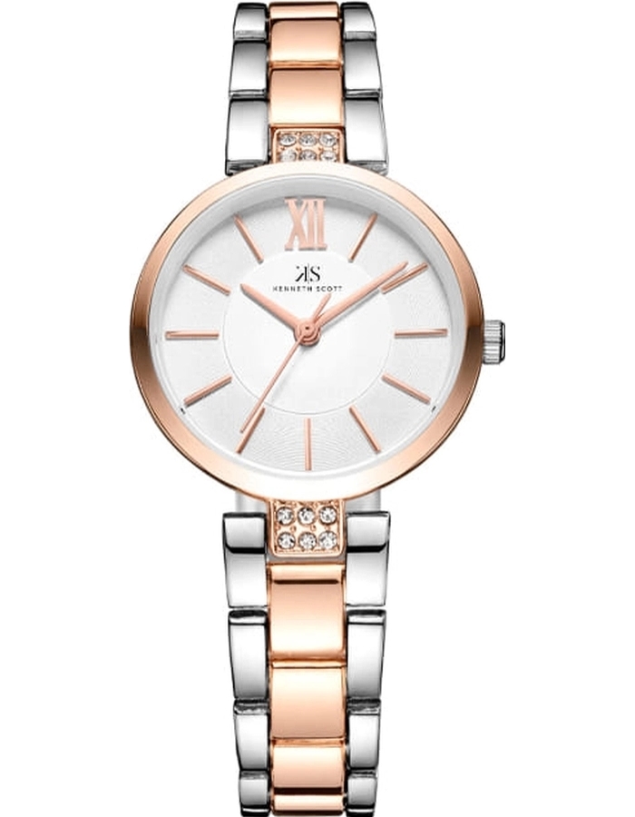Kenneth Scott Ladies analog Rose gold Case TT/RG Metal Band White Dial