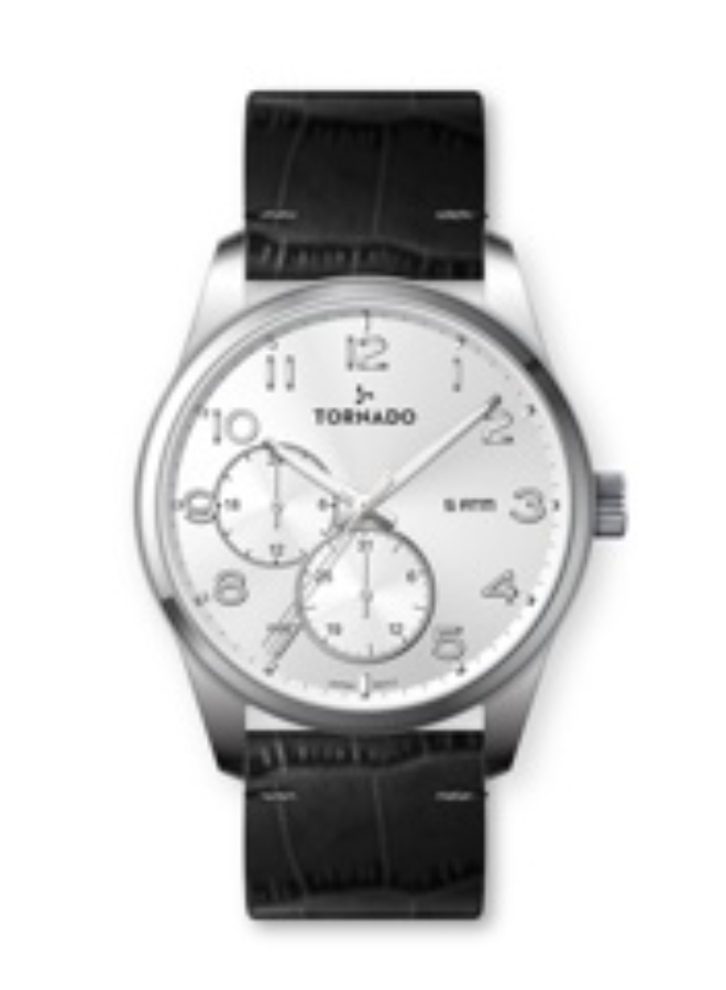 Tornado Gents Multi Fn Silver Case Black Leather White Dial