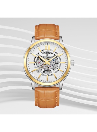 [K24323-TLFW] Kenneth Scott Gents Automatic Silver/Gold Case L.Brown Leather Strap White Dial