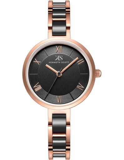 [K22521-KCBB] Kenneth Scott Ladies Analog TT RG/Silver Case Black Ceramic Band Black Dial