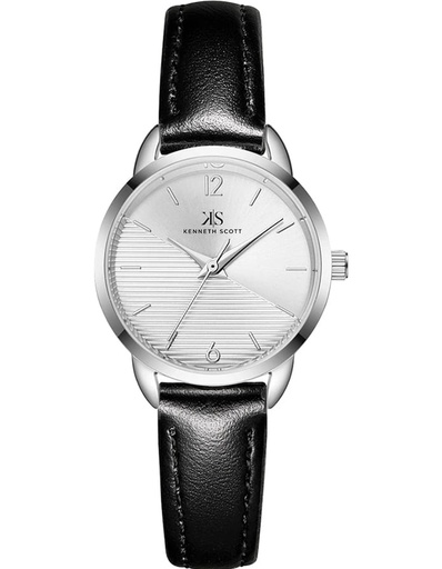 [K22526-SLBW] Kenneth Scott Ladies Analog Silver Case Black Leather strap White Dial