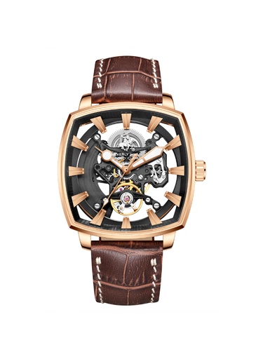 [BP3796X.452] BHPC Gents AUTOMATIC Fn IP R.GOLD Case D.BROWN LEATHER Band BLACK Dial